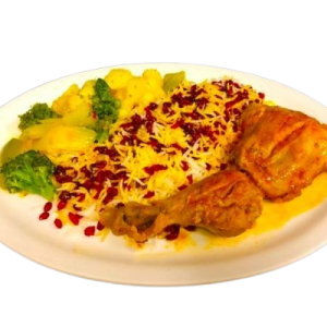 Zereshk Pelowe (Barberry Saffron Rice with Oven-Cooked Chicken)